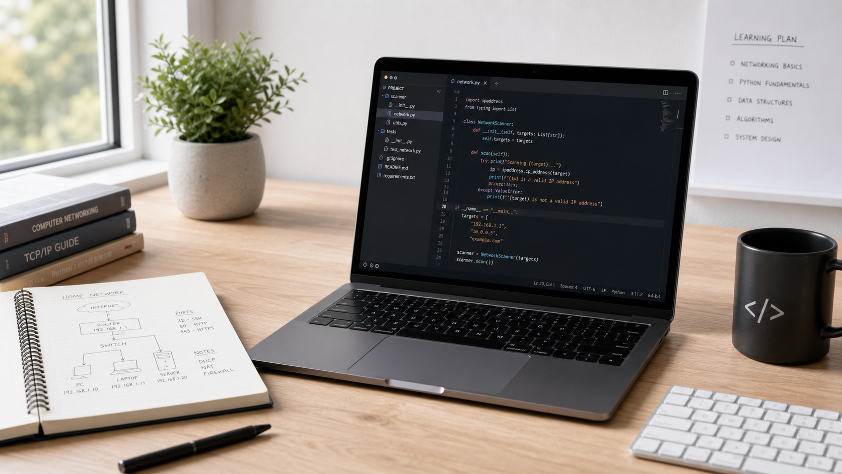 A bright workstation with a laptop showing code, networking notes, books, and a keyboard.